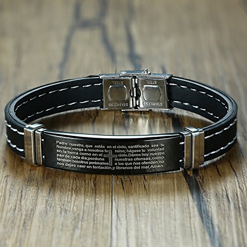 AIUIN - Pulsera de acero inoxidable para hombre, diseño de cruz y texto en inglés, de silicona con cierre plegable, color negro