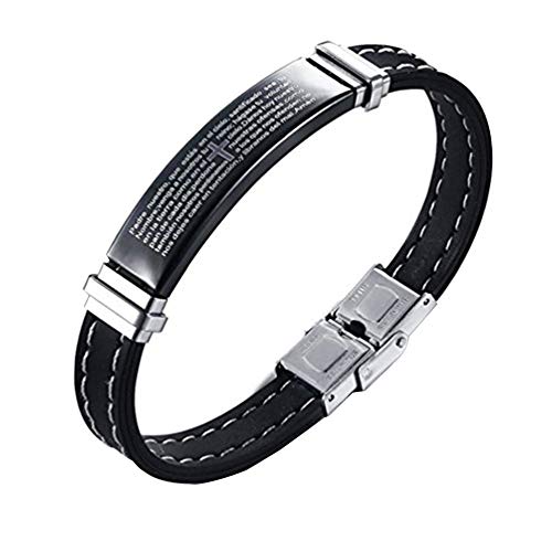 AIUIN - Pulsera de acero inoxidable para hombre, diseño de cruz y texto en inglés, de silicona con cierre plegable, color negro