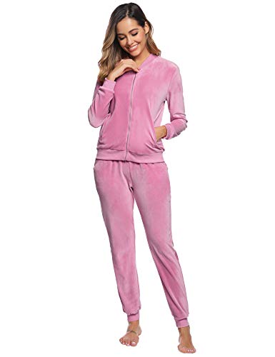 Akalnny Chándal Conjunto Mujer de Terciopelo Informal Pijamas Trajes Chaquetas de Manga Larga con Cremallera + Pantalones de Cintura Alta Rosa Oscuro