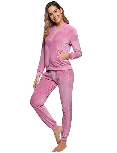 Akalnny Chándal Conjunto Mujer de Terciopelo Informal Pijamas Trajes Chaquetas de Manga Larga con Cremallera + Pantalones de Cintura Alta Rosa Oscuro