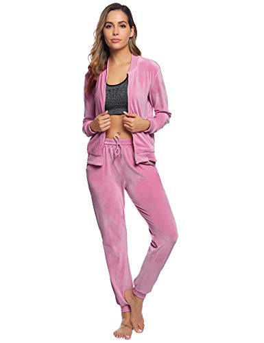 Akalnny Chándal Conjunto Mujer de Terciopelo Informal Pijamas Trajes Chaquetas de Manga Larga con Cremallera + Pantalones de Cintura Alta Rosa Oscuro