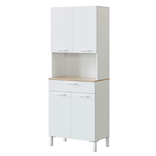 Alacena de Cocina, Aparador Comedor, Mueble Auxiliar 4 Puertas + 1 Cajon y Estante Interior, Acabado en Blanco Artik y Roble Canadian, Medidas: 72 cm (Ancho) x 186 cm (Alto) x 40 cm (Fondo)