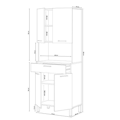 Alacena de Cocina, Aparador Comedor, Mueble Auxiliar 4 Puertas + 1 Cajon y Estante Interior, Acabado en Blanco Artik y Roble Canadian, Medidas: 72 cm (Ancho) x 186 cm (Alto) x 40 cm (Fondo)