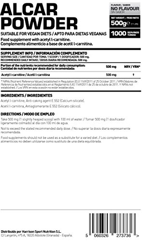 ALCAR (Acetil L-Carnitina) de HSN | Nootrópico, Apoyo Cognitivo, Para Estudiar, Concentración, Efecto Antioxidante | Vegano, Sin Gluten, Sin Lactosa, En Polvo, Sin Sabor, 500g