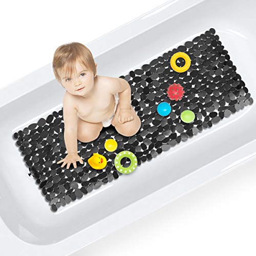 Alfombra de Bañera Antideslizante Alfombrilla de Baño Piedra Alfombra para Ducha con Ventosas para Cocina Niños Ancianos, Resistentes al Moho, Antibacterial, Lavable a Máquina, Larga 88 x 40cm Negro