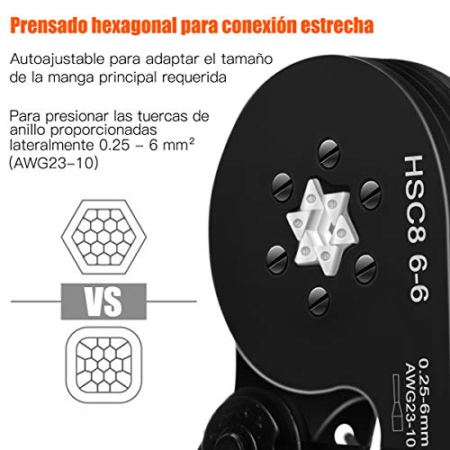 Alicates Terminales hexagonal,Preciva Alicate hexagonal de trinquete ajustable,se utiliza para extremos de cable de 0.25-6.0mm² / AWG 23-10 con 1900 Pcs conector de cable