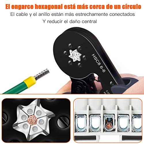 Alicates Terminales hexagonal,Preciva Alicate hexagonal de trinquete ajustable,se utiliza para extremos de cable de 0.25-6.0mm² / AWG 23-10 con 1900 Pcs conector de cable