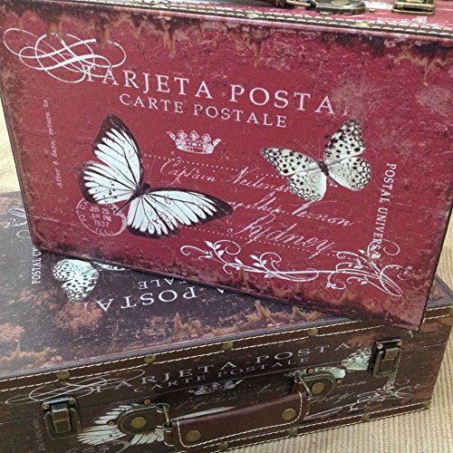 Alice Collection de juego de 2 maletas de madera – mariposas – 39 x 27 x 13 cm y 34 x 22 x 11 cm