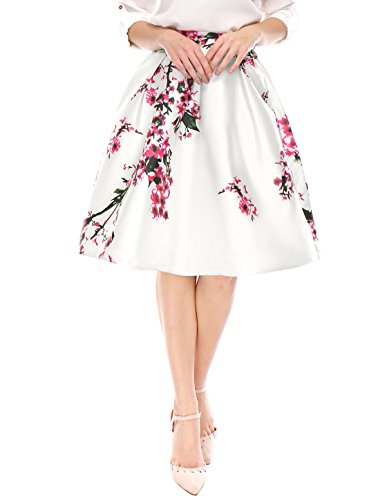 Allegra K Falda Midi Plisada A-Línea Estampados Florales Cintura Alta para Mujer Blanco S