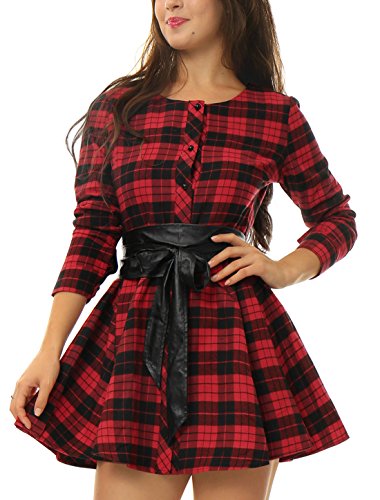 Allegra K Vestido Acampanado De Cuadros Mangas Largas con Cinturón Vestido Mini Camisero para Mujer Navidad Día De Los Reyes Magos Negro y Rojo M