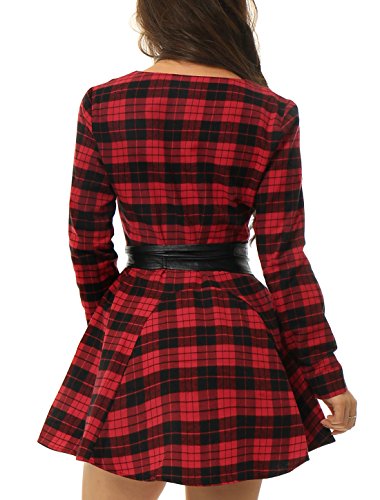 Allegra K Vestido Acampanado De Cuadros Mangas Largas con Cinturón Vestido Mini Camisero para Mujer Navidad Día De Los Reyes Magos Negro y Rojo M