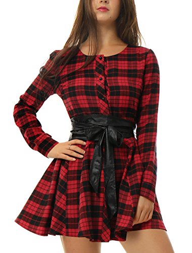 Allegra K Vestido Acampanado De Cuadros Mangas Largas con Cinturón Vestido Mini Camisero para Mujer Navidad Día De Los Reyes Magos Negro y Rojo M Allegra K Vestido Acampanado De Cuadros Mangas Largas con Cinturón Vestido Mini Camisero para Mujer Navidad Día De Los Reyes Magos Negro y Rojo M