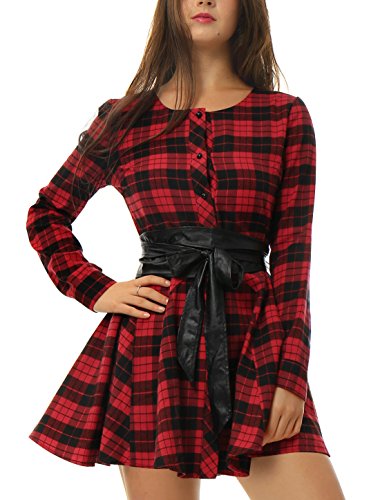 Allegra K Vestido Acampanado De Cuadros Mangas Largas con Cinturón Vestido Mini Camisero para Mujer Navidad Día De Los Reyes Magos Negro y Rojo M