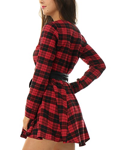 Allegra K Vestido Acampanado De Cuadros Mangas Largas con Cinturón Vestido Mini Camisero para Mujer Navidad Día De Los Reyes Magos Negro y Rojo XS