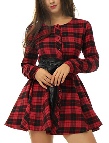 Allegra K Vestido Acampanado De Cuadros Mangas Largas con Cinturón Vestido Mini Camisero para Mujer Navidad Día De Los Reyes Magos Negro y Rojo XS