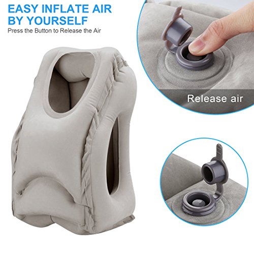 Almohadas de Viaje, HOMCA Multi-Funcional Inflable Almohadilla de Siesta cómodo cojín de Viaje con máscara de Ojo para Aviones, Coches, autobuses, Trenes (Gris)