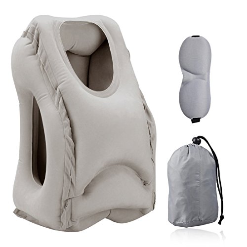 Almohadas de Viaje, HOMCA Multi-Funcional Inflable Almohadilla de Siesta cómodo cojín de Viaje con máscara de Ojo para Aviones, Coches, autobuses, Trenes (Gris)