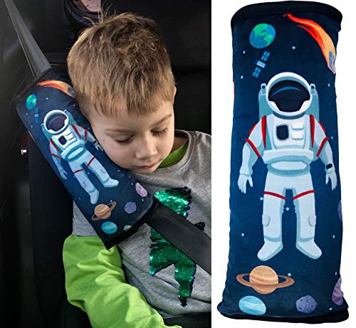 Almohadilla HECKBO® para coche con dibujo de astronautas para niños - lavable a máquina - suave, tacto de peluche - almohadilla de alta calidad para el cinturón de seguridad, funda de cinturón