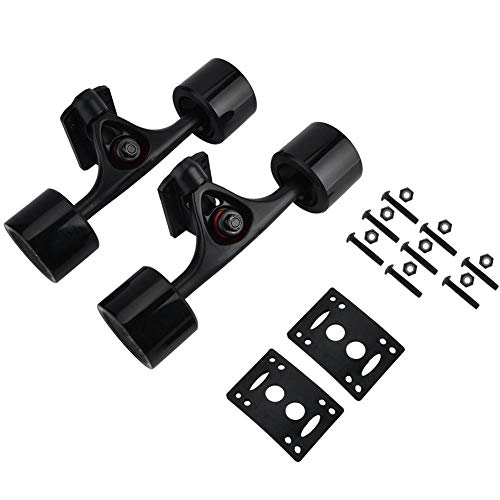 Alomejor Skateboard Truck Combo Set -2pcs Skateboard Truck + 4pcs Skate Wheel + 2pcs Riser Pad Cojinete + 8 Longboard Pernos + 8 Patineta Tuerca(Black Shaft Black Wheel)