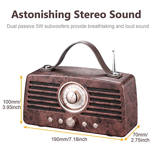 Altavoz Retro Bluetooth, Altavoz inalámbrico portátil Aurtec Bluetooth 4.2 con Radio FM, Altavoz estéreo de Audio para el hogar con Sonido Potente y subwoofer, Marrón