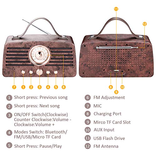 Altavoz Retro Bluetooth, Altavoz inalámbrico portátil Aurtec Bluetooth 4.2 con Radio FM, Altavoz estéreo de Audio para el hogar con Sonido Potente y subwoofer, Marrón Altavoz Retro Bluetooth, Altavoz inalámbrico portátil Aurtec Bluetooth 4.2 con Radio FM, Altavoz estéreo de Audio para el hogar con Sonido Potente y subwoofer, Marrón