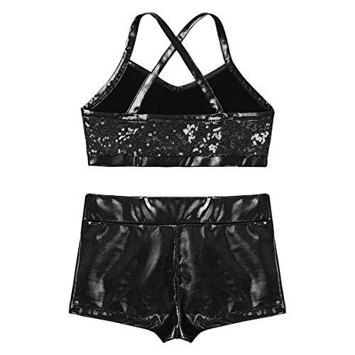 Alvivi 2Pcs Ropa Deportivo de Danza Crop Top Lentejuelas de Tirantes Pantalones Cortos Cintura Elástica Brillo Tankini Deportes Niñas Infántil Negro 5-6 años