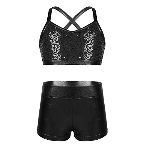 Alvivi 2Pcs Ropa Deportivo de Danza Crop Top Lentejuelas de Tirantes Pantalones Cortos Cintura Elástica Brillo Tankini Deportes Niñas Infántil Negro 5-6 años