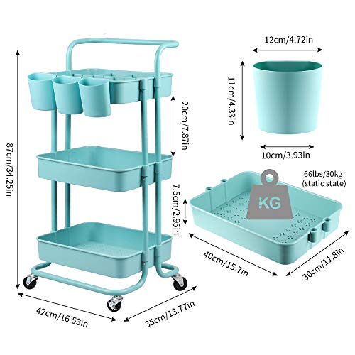 alvorog Carrito de Cocina de 3 Niveles con Ruedas, Carro de Almacenaje con Asa, Carrito Auxiliar Multifuncional para Baño, Cocina, Oficina, Salón & SPA - Azul