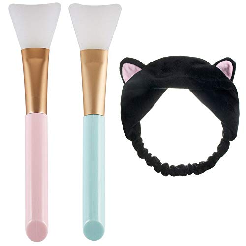 AMACOAM 2 Piezas Mascarillas Faciales Cepillo y 1 Pieza Diadema Orejas de Gato, Diadema Banda Elástica de Orejas Brocha de Silicona Mascarillas Cepillo de Mascarilla Aplicador Herramientas