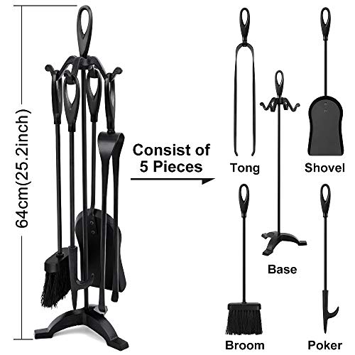 Amagabeli Utensilios de Chimenea Juego 5 accesorios Chimenea Conjunto de Herramientas de Chimenea de Hierro Forjado Negro Pinzas de fuego Juego de herramientas para chimenea