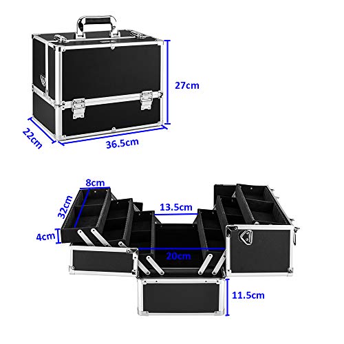 AMASAVA Maletín para Maquillaje, Estuches de Maquillaje, Estuche de Cosméticos, 36.5 x 22 x 27 cm, PVC, Cerradura, 6 bandejas, con Correa para el Hombro, Negro