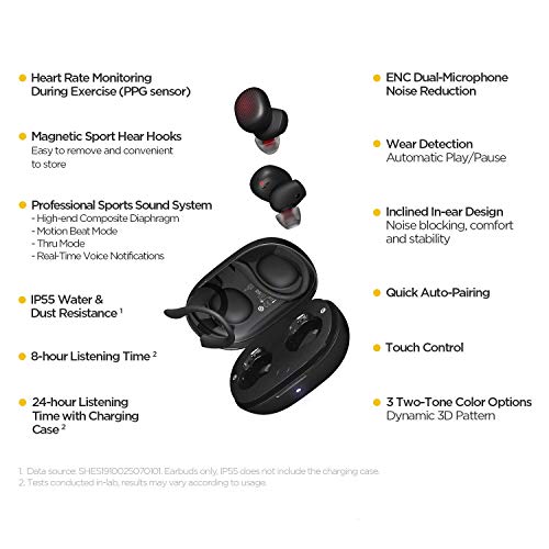 Amazfit PowerBuds Auriculares Deportivos inalámbricos con monitorización de la frecuencia cardíaca Durante Ejercicio, Ganchos de Oreja magnéticos y Sonido Superior Bluetooth 5.2 con micrófono Negro