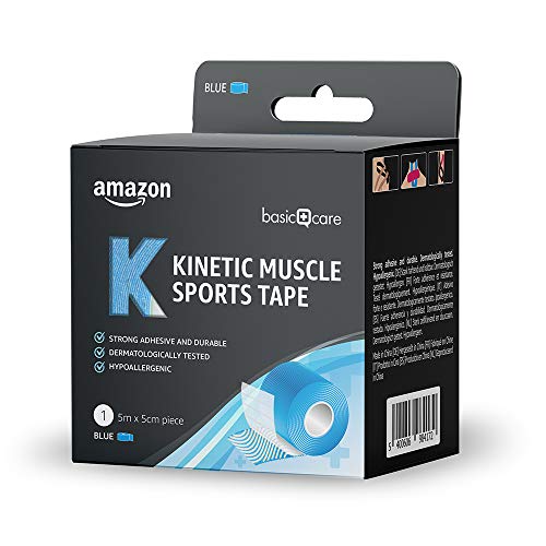 Amazon Basic Care - Cinta kinesiológica deportiva para musculatura, 5 x 5 cm, 2 cintas, 1 azul y 1 rosa