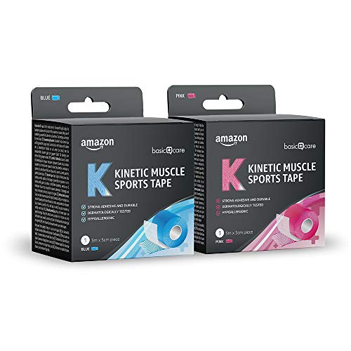 Amazon Basic Care - Cinta kinesiológica deportiva para musculatura, 5 x 5 cm, 2 cintas, 1 azul y 1 rosa