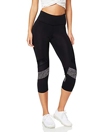 Amazon Brand - AURIQUE Leggings deportivos capri con paneles para mujer, Negro (Black/Grey Marl), 42, Label:L