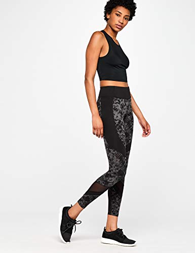 Amazon Brand - AURIQUE Leggings deportivos con paneles para mujer, Gris (Black/Grey Print Black/Grey Print), 40, Label:M