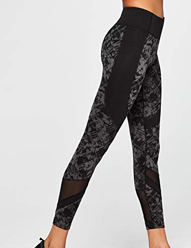 Amazon Brand - AURIQUE Leggings deportivos con paneles para mujer, Gris (Black/Grey Print Black/Grey Print), 40, Label:M