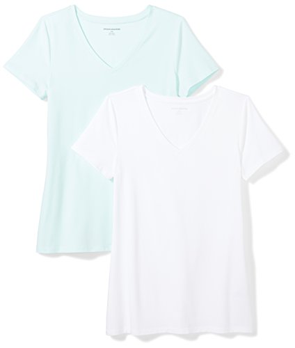 Amazon Essentials 2-Pack Short-Sleeve V-Neck Solid T-Shirt Fashion-t-Shirts, Aguamarina/Blanco, Medium
