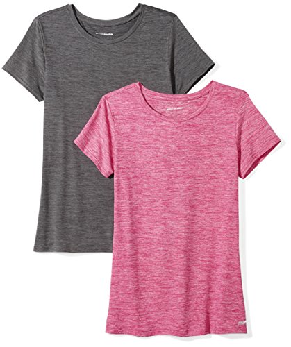 Amazon Essentials 2-Pack Tech Stretch Short-Sleeve Crew T-Shirt Athletic-Shirts, Charcoal Radiant Raspberry Heather, Large