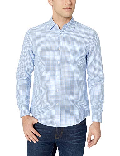 Amazon Essentials - Camisa de lino con manga larga, corte entallado y estampado para hombre, Azul (Blue Gingham), US L (EU L)