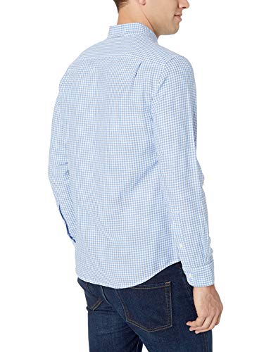 Amazon Essentials - Camisa de lino con manga larga, corte entallado y estampado para hombre, Azul (Blue Gingham), US L (EU L)