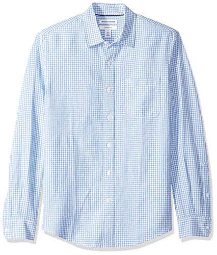 Amazon Essentials - Camisa de lino con manga larga, corte entallado y estampado para hombre, Azul (Blue Gingham), US L (EU L)