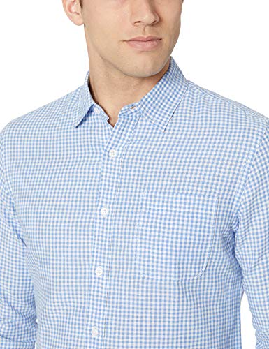 Amazon Essentials - Camisa de lino con manga larga, corte entallado y estampado para hombre, Azul (Blue Gingham), US L (EU L)