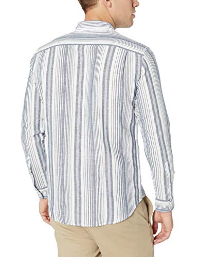 Amazon Essentials - Camisa de lino con manga larga, corte entallado y estampado para hombre, Azul marino/Rayas, US L (EU L)