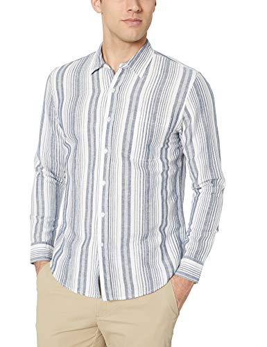 Amazon Essentials - Camisa de lino con manga larga, corte entallado y estampado para hombre, Azul marino/Rayas, US L (EU L)