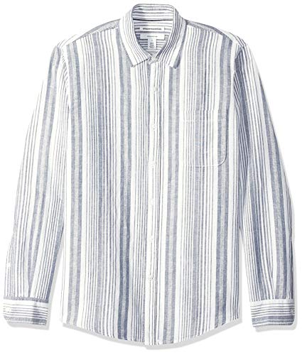Amazon Essentials - Camisa de lino con manga larga, corte entallado y estampado para hombre, Azul marino/Rayas, US L (EU L)