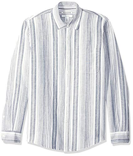 Amazon Essentials - Camisa de lino con manga larga, corte entallado y estampado para hombre, Azul marino/Rayas, US L (EU L) Amazon Essentials - Camisa de lino con manga larga, corte entallado y estampado para hombre, Azul marino/Rayas, US L (EU L)