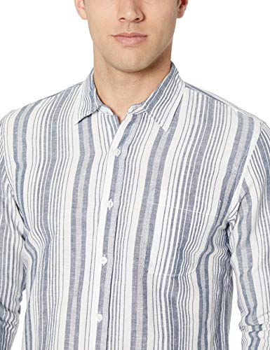 Amazon Essentials - Camisa de lino con manga larga, corte entallado y estampado para hombre, Azul marino/Rayas, US L (EU L)