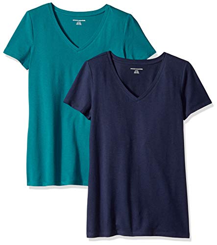 Amazon Essentials Camiseta de manga corta clásico con cuello en V, Mujer, Verde (Verde (Dark Green/Navy)), XS - S, pack de 2