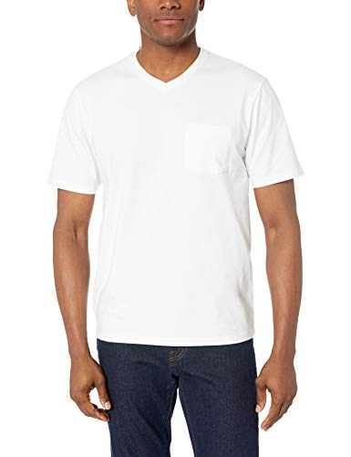 Amazon Essentials - Pack de 2 camisetas de corte holgado con cuello en V y bolsillo en el pecho para hombre, Blanco (White Whi), US M (EU M)